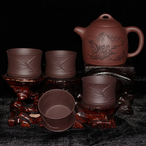 润古斋孙九群名师制作 秦权紫砂壶 宜兴原矿紫砂壶 一壶四杯套组