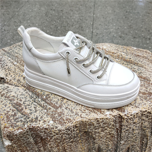 爱拍女鞋2021夏新款真皮网纱小白鞋水钻鞋带增高松糕休闲女板鞋潮