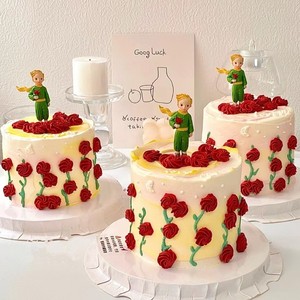 儿童生日蛋糕装饰网红玫瑰小王子摆件烘焙派对氛围月亮灯云朵插件