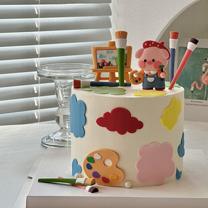 儿童节生日蛋糕装饰软胶画画猪蛋糕装饰烘焙摆件小猪画笔配件装扮