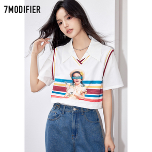 拉夏贝尔7M2024年夏装假两件T恤女装韩版设计感拼别致短袖上衣