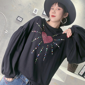 特2022春夏意大利vicolo亮片水钻爱心彩色射线泡泡袖圆领休闲卫衣