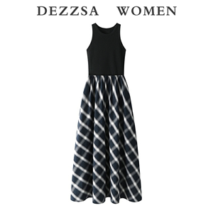 DEZZSA2024春装新款高圆圆同款显瘦针织拼接格纹无袖连衣裙长裙女