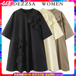 DEZZSA 2024夏装新款时尚休闲宽松立体花朵装饰五分袖T恤连衣裙女