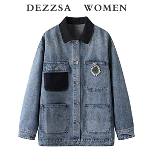 DEZZSA2024春装新款周冬雨同款休闲宽松拼接大口袋牛仔外套上衣女