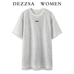 DEZZSA 2024夏装新款设计感气质宽松亮片装饰网纱短袖T恤连衣裙女