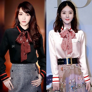 2020早秋新款赵丽颖唐嫣明星同款v家飘带长袖衬衫上衣真丝衬衣女