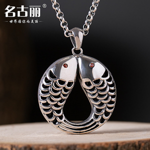 s925银双鱼吊坠女亲嘴鱼泰银项链做旧复古毛衣链挂坠时尚潮民族风
