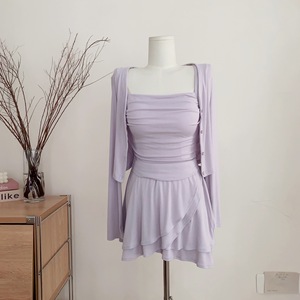 定染水雾紫3.0自带bra背心蛋糕半裙针织开衫套装