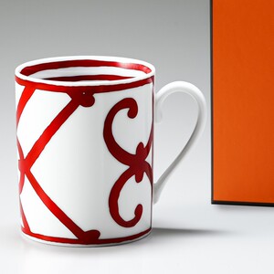 hermes爱马仕 法国制 红色铁栏细花纹 瓷马克杯咖啡杯水杯 300ml