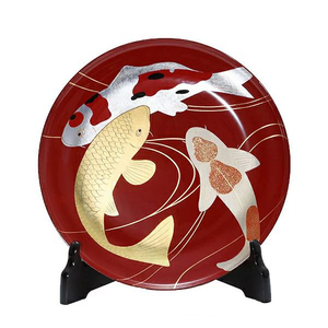 日本制 yamada heiando 漆器 锦鲤图案 红色画盘摆件装饰盘 24cm