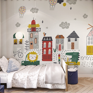 天猫卡通房子墙纸儿童房壁纸男孩卧室北欧装饰墙布无缝幼儿园定制壁画
