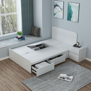 多功能床头柜连体储物实木卧室收纳高箱榻榻米板式单人抽屉床定制