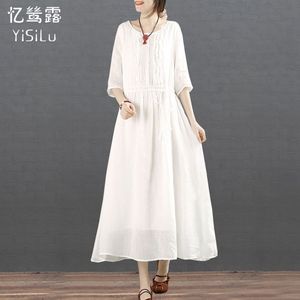 白色仙女长裙女半袖2024夏季新文艺中长款系带拼接纯色丝麻连衣裙