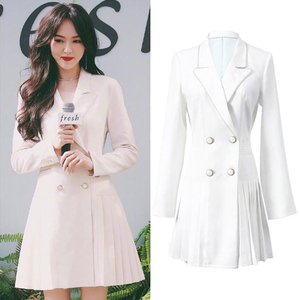 唐嫣同款 衣服韩版秋装时尚减龄收腰显瘦双排扣百褶 西装连衣裙女