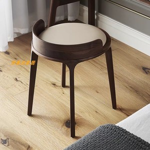 北欧实木梳妆凳真皮黑色矮凳茶桌圆形小椅子家用换鞋凳卧室化妆凳
