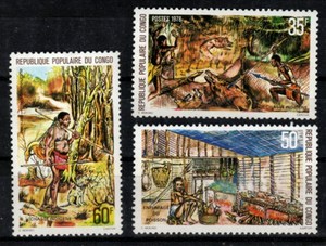 当地狩猎和捕鱼邮票\打野猪\带着长矛和狗的猎人 刚果 1978年 3全