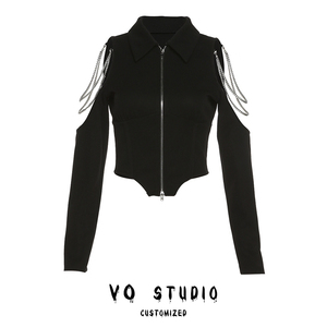 VOstudio 暗黑个性酷帅设计感露肩链条翻领双头拉链开衫上衣女秋