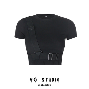 VO studio2024夏季酷帅个性装饰三角扣机能风辣妹短款T恤上衣女潮
