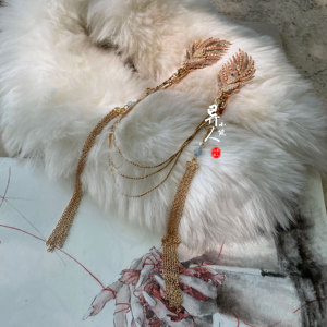 古装大氅披风配饰 古风cos金叶子流苏发夹汉服额饰后压两用头饰