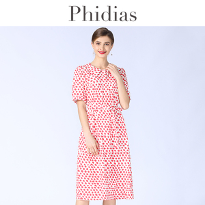 Phidias2023春夏新款大码女装法系温柔风波点过膝碎花中长连衣裙