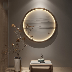 新中式吊挂墙发光带灯屏风玄关背景装饰画客厅圆形挂屏实木圆隔断