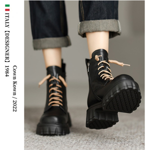 意大利【设计师】Cown Kown真皮侧拉链系带复古厚底粗跟短靴5.5cm