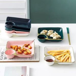 北欧风陶瓷轻奢饺子盘家用带醋碟一体分格碟寿司盘创意四方形果盘