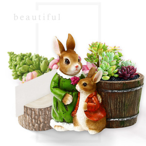 新款欧式多肉植物盆栽卡通母子兔小兔子小动物树脂花盆花缸摆件