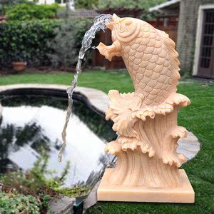 石雕喷水鱼晚霞红吐水鲤鱼园林水池造景酒店庭院喷泉池流水摆件