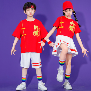 小学生六一夏季表演服中国风幼儿园舞台演出服拉拉队红色运动服装