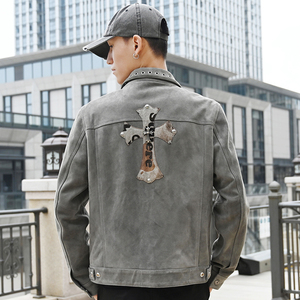 春秋新款真皮皮衣男短款反绒牛皮机车夹克潮牌克罗心刺绣修身外套