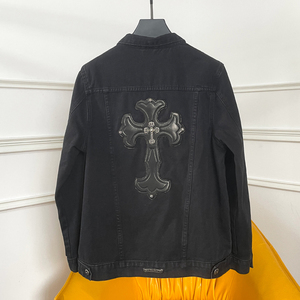 ch克罗心十字架贴皮黑色牛仔外套男潮牌短款翻领工装夹克休闲上衣