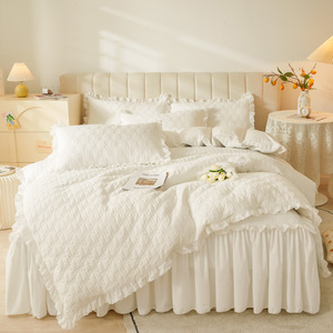 全夹棉全包床笠式床裙款二合一四件套床上用品白色花边加厚被套4