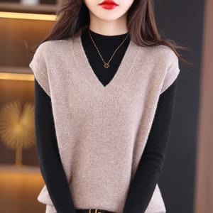 秋冬100纯羊毛针织马甲毛衣女坎肩v领短款纯色无袖宽松背心米色