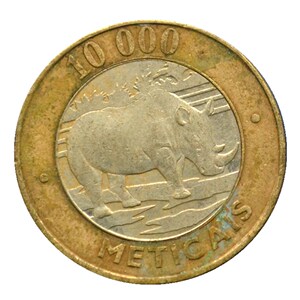 莫桑比克10000 1万梅蒂卡尔 2003年 双金属 非洲动物硬币-犀牛旧