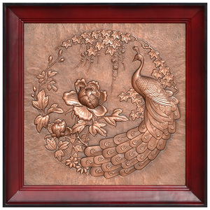 紫铜浮雕孔雀图餐厅玄关走廊装饰铜画手工锻铜电表箱壁画