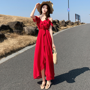 沙滩裙女三亚海边度假红色超仙吊带雪纺连衣裙荷叶边开叉显瘦长裙