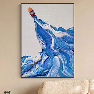 小众流行艺术抽象蓝色海浪客厅装饰画小船个性玄关卧室摆件挂壁画