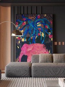 现代粉色大象沙发后面的壁画客厅装饰画动物寓意好儿童房玄关挂画