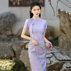 紫色蕾丝改良旗袍新款2024新款年轻款女国风复古修身日常可穿夏季