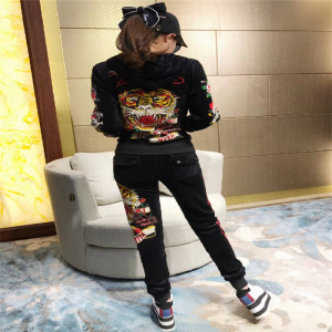 刘嘉玲ed潮牌20秋冬新款天鹅绒虎头烫钻连帽拉链衫长裤时尚女套装