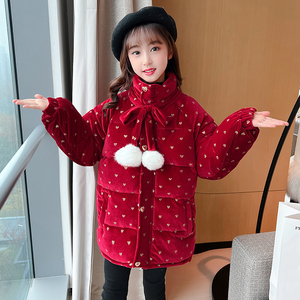 女童过年棉服儿童洋气女孩无帽立领拜年服冬季洋气休闲红棉袄毛球
