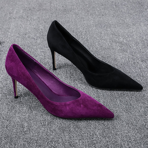 2023新款女鞋性感深紫色羊猄皮磨砂尖头浅口显瘦气质细跟女高跟鞋