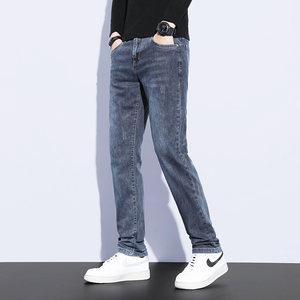 春夏新款蓝灰色小直筒牛仔裤男时尚简约百搭青年男士弹力休闲长裤