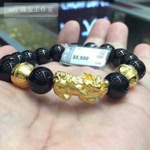 周大福amy全球999足金转运珠黄金大促貔貅金珠黑玉髓串珠手链男款