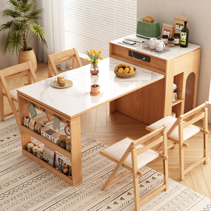 日式原木风折叠岛台餐桌餐边柜一体组合家用橱柜岩板柜子储物高柜