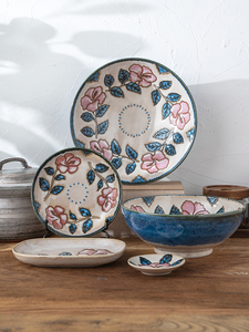 日本进口手绘和风植物花纹碗盘碟陶瓷餐具组合套装米饭碗汤碗鱼盘