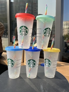 星巴克宝雪花变色杯冷饮杯可循环使用塑料吸管杯5个1盒装710ml