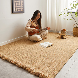 黄麻方形地毯客厅茶几地垫家用日式卧室满铺手工编织亚麻床边毯